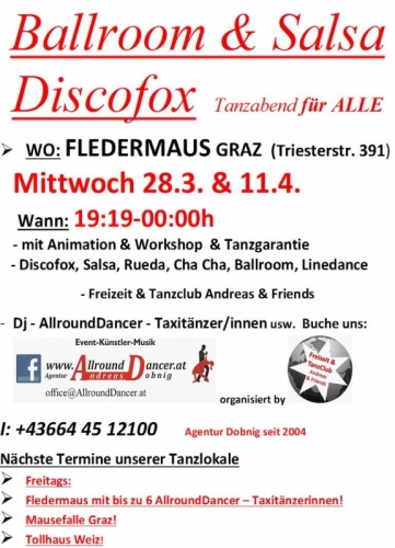 Fledermaus Ballroom Tanzabend Salsa Ballroom Mittwoch 28.3. u. 11.4. um 19.19h mit AllroundDancer u-Tanzclub Infos +436644512100
